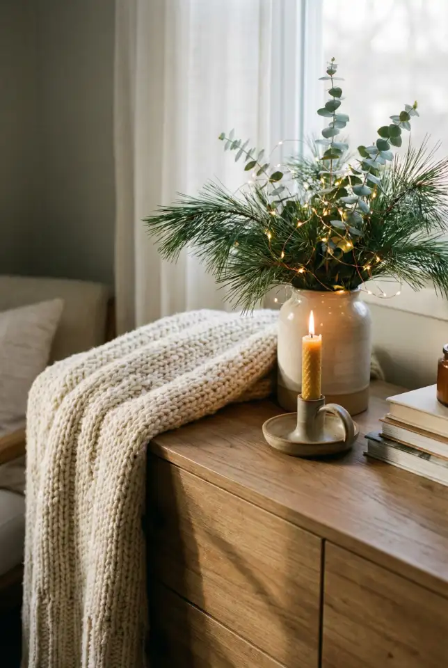 Christmas Dresser Decor With Warm Lights & Cozy Layers 1