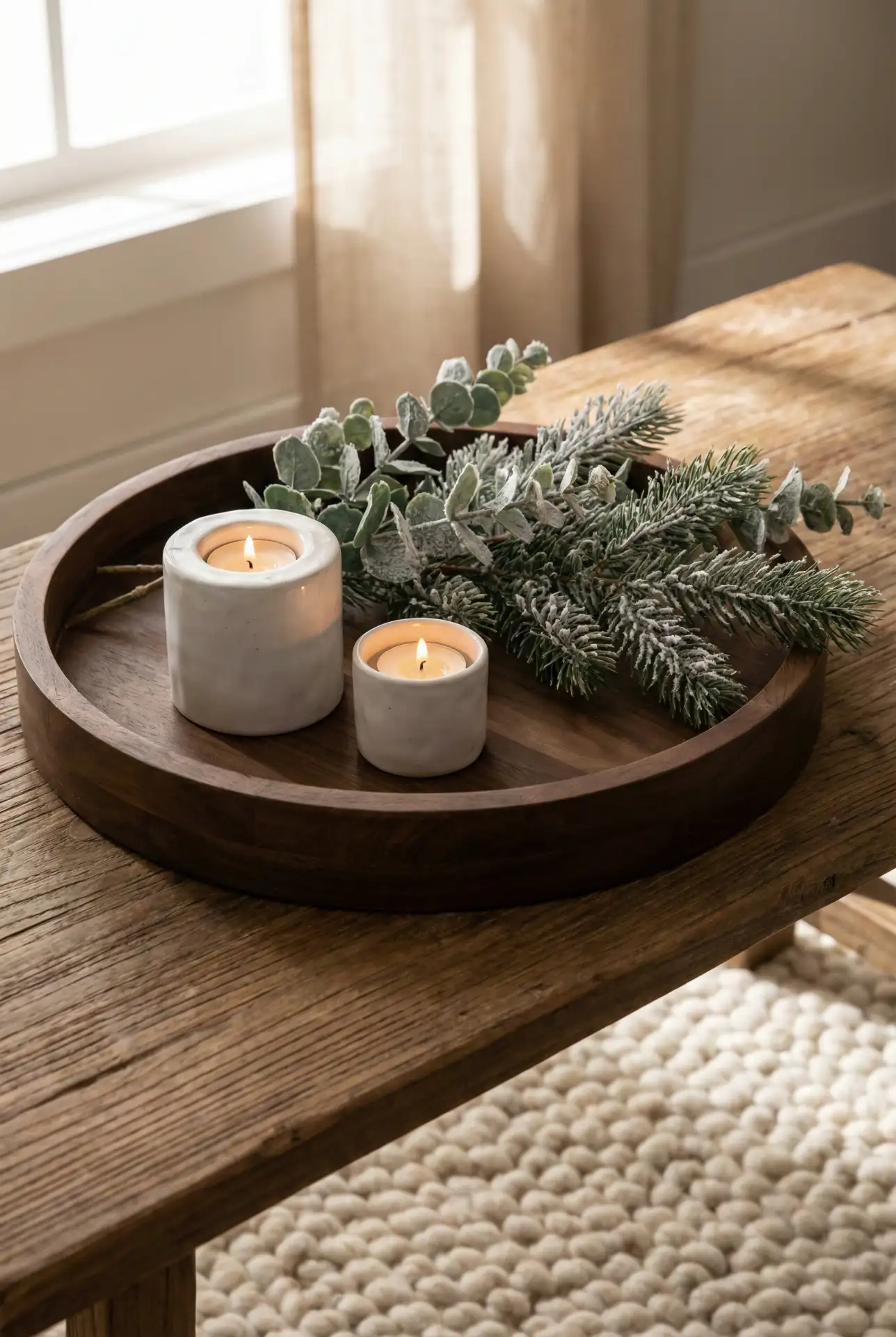 Christmas Round Tray Styling with Warm Wood Layers 1