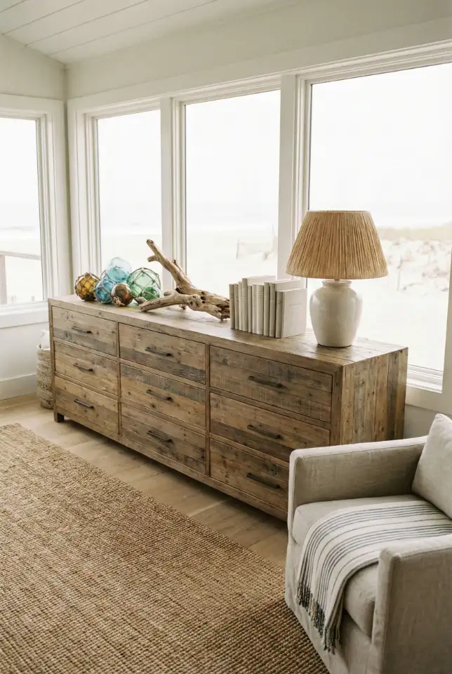 Coastal Dresser Decor With Light Layers 1