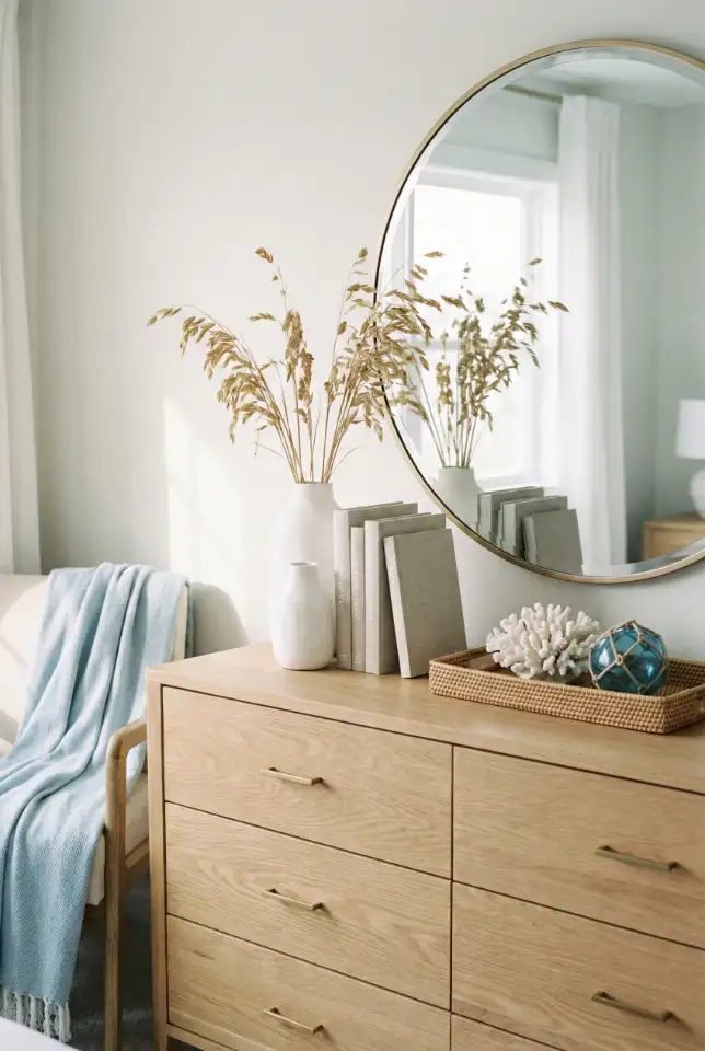Coastal Dresser Decor With Light Layers 2