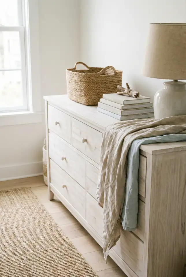Coastal Guest Room Dresser With Soft Blue Accents 1