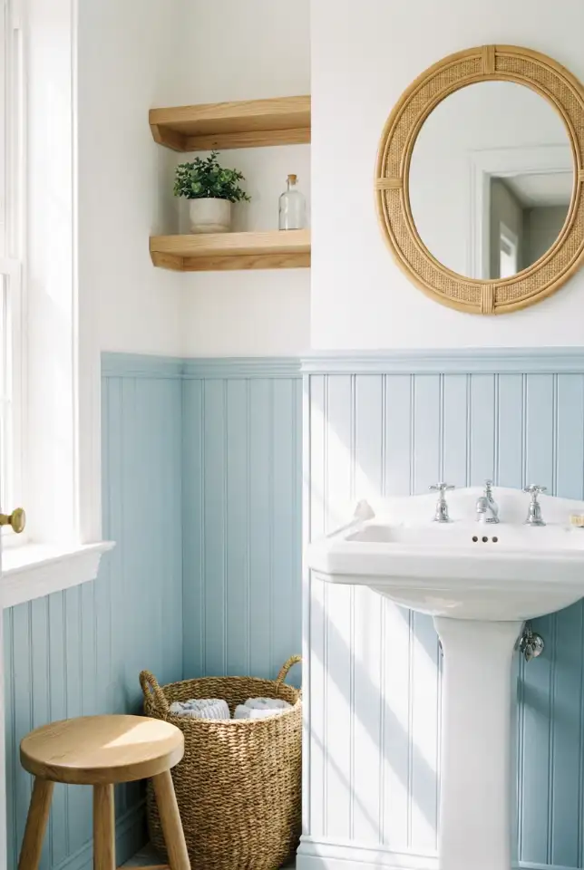 Coastal Half Bath With Soft Blue Wainscoting 1