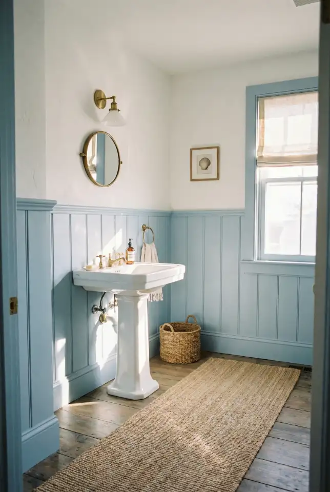 Coastal Half Bath With Soft Blue Wainscoting 2