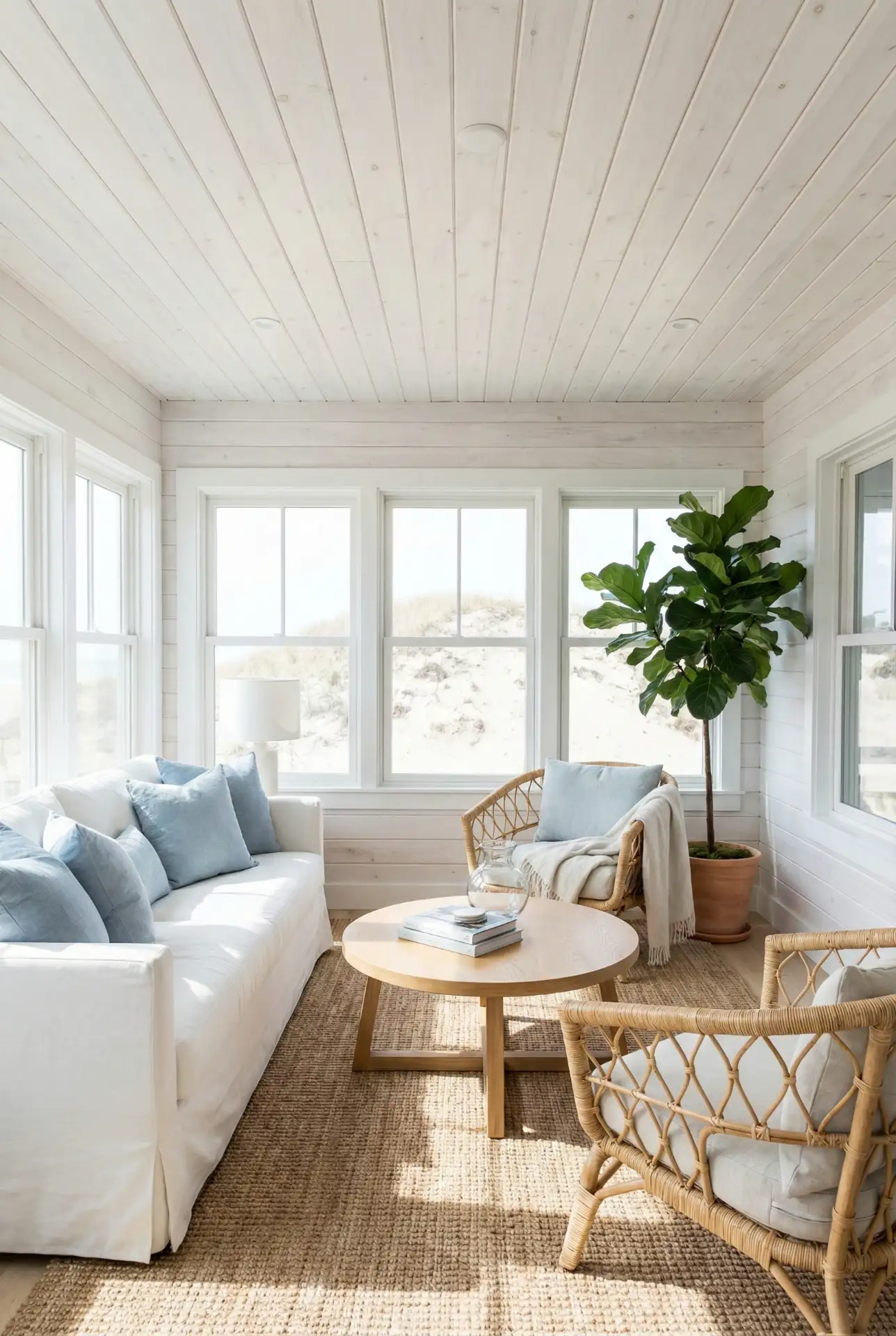 Coastal Sunroom With Whitewashed Wood 1