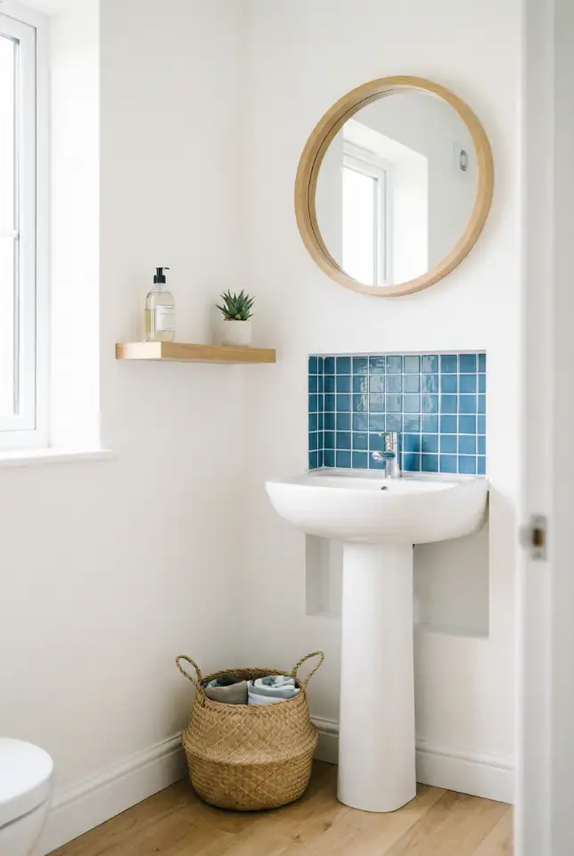 Coastal White Half Bath With Blue Tile Niche 1