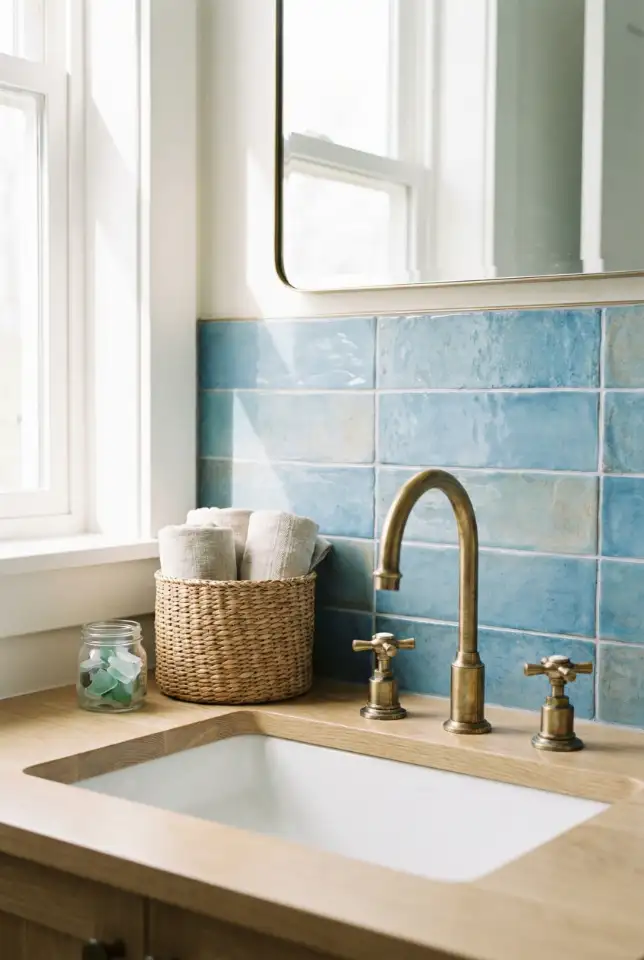 Coastal White Half Bath With Blue Tile Niche 2