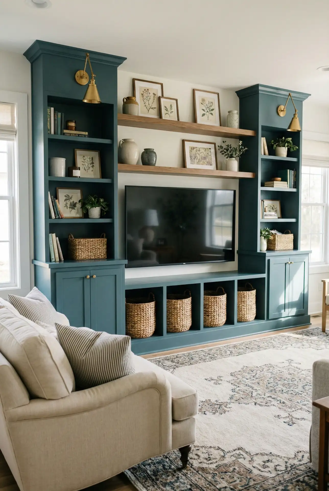 Colorful Blue-And-Green TV Wall That Still Feels Cottage 1