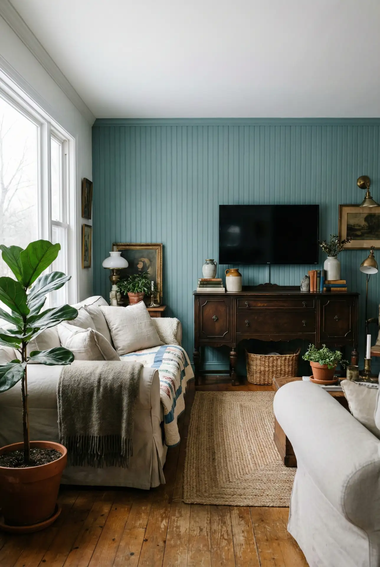 Colorful Blue-And-Green TV Wall That Still Feels Cottage 2