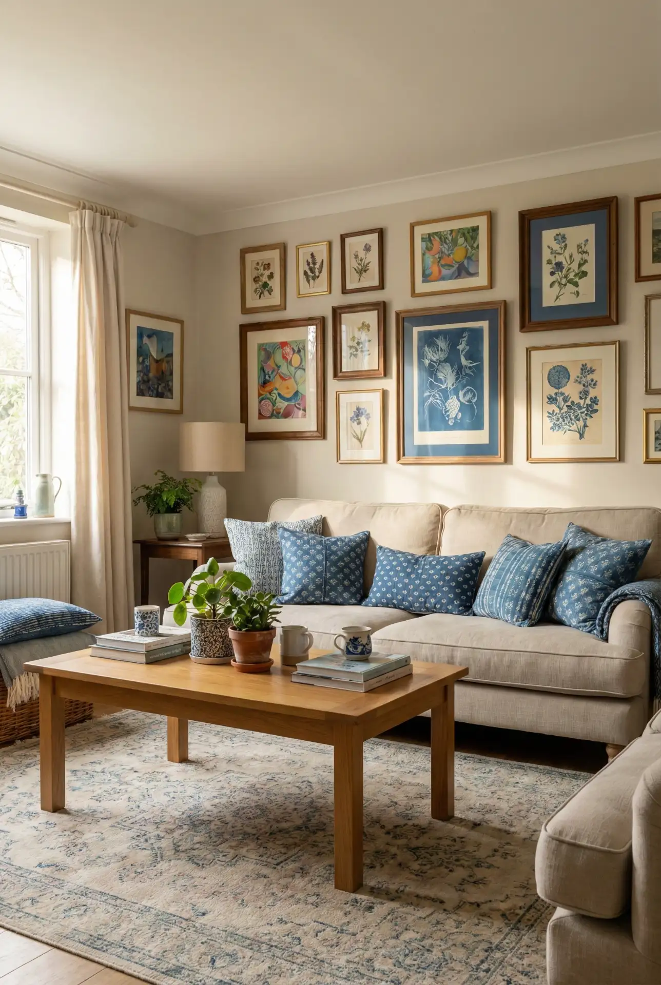 Colorful Cottage Gallery Wall With Blue Accents And Warm Woods 1