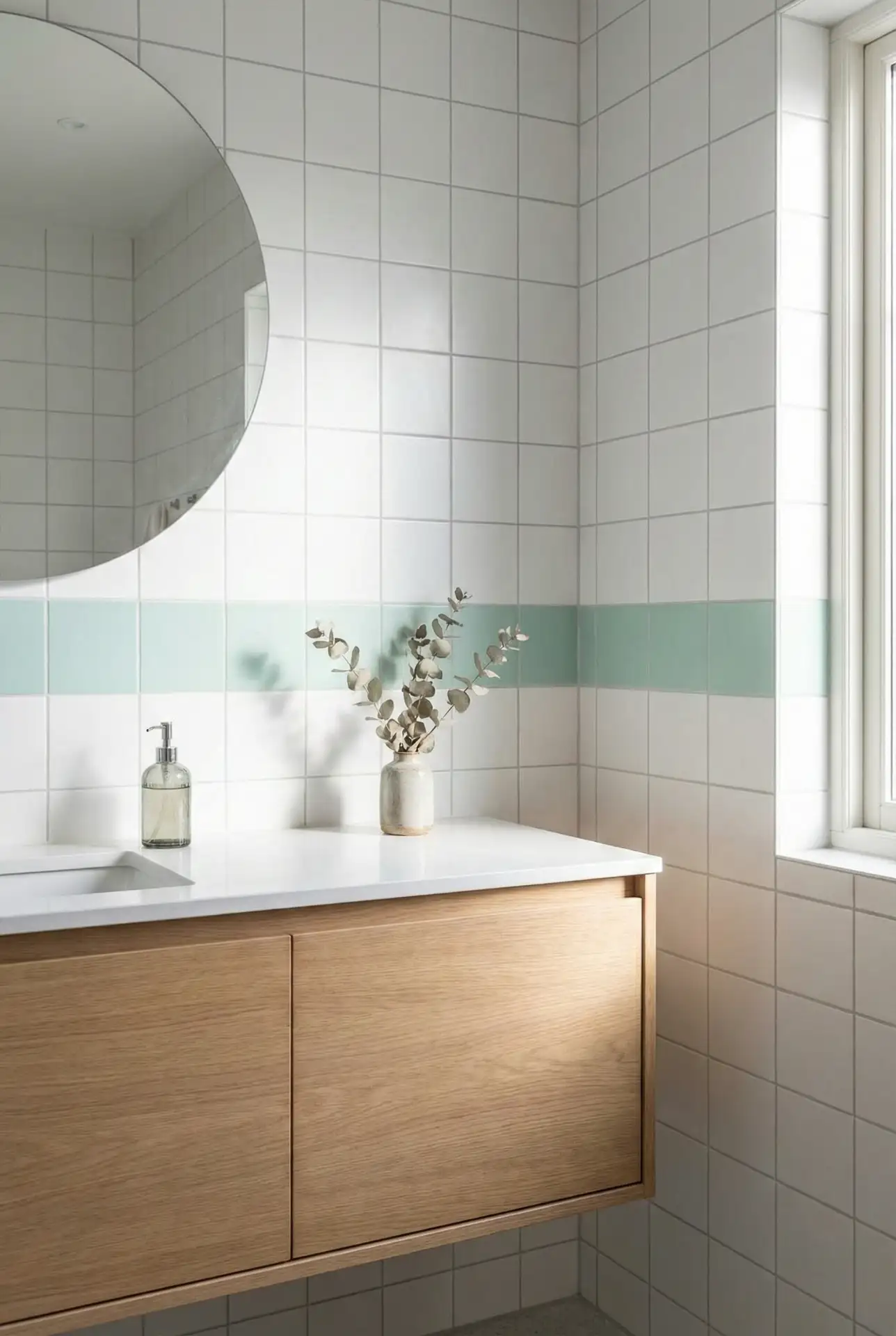 Colorful Scandinavian Bathroom With Pastel Tile Stripe 1