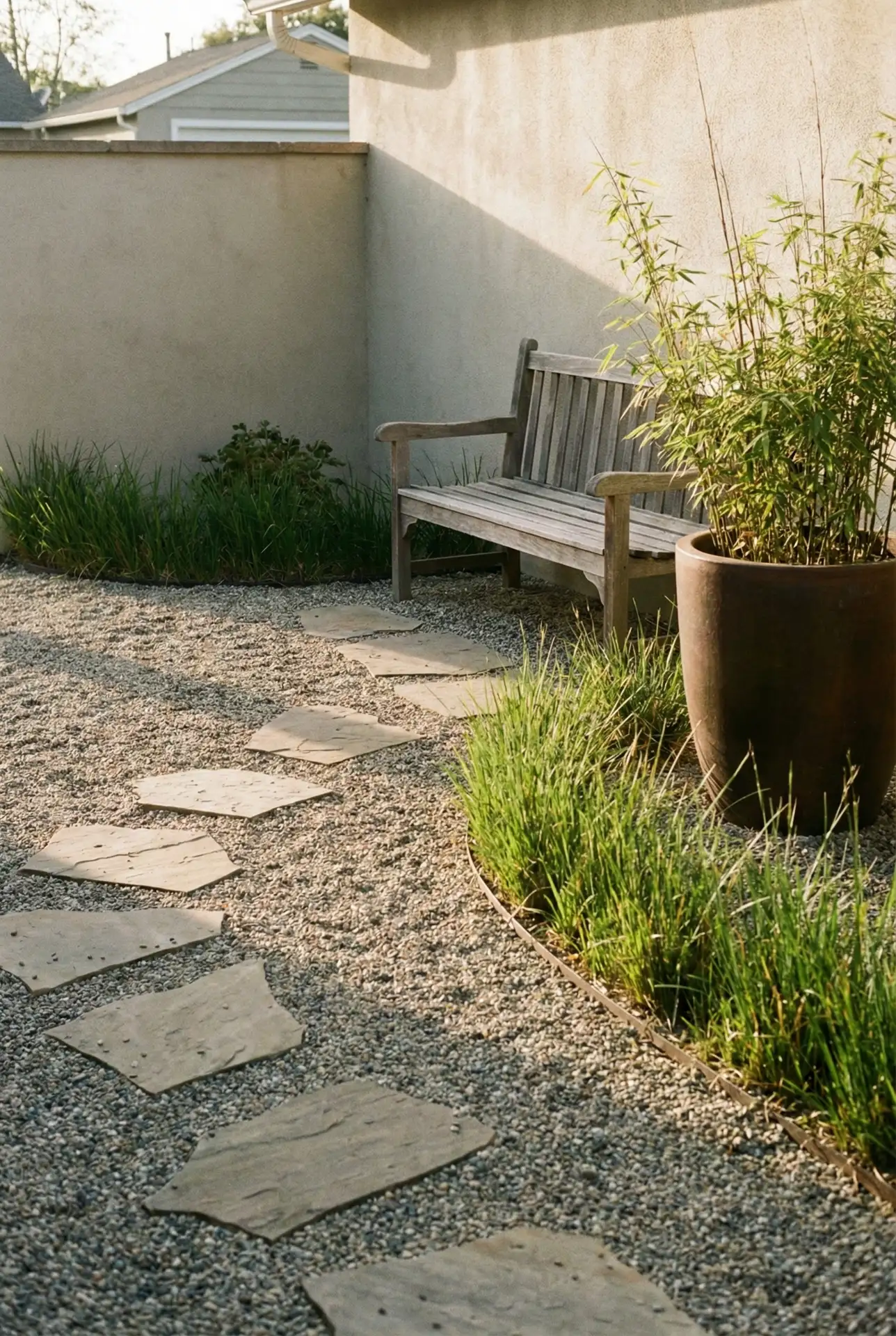 Compact Zen Courtyard With Gravel And Grass Strip 1