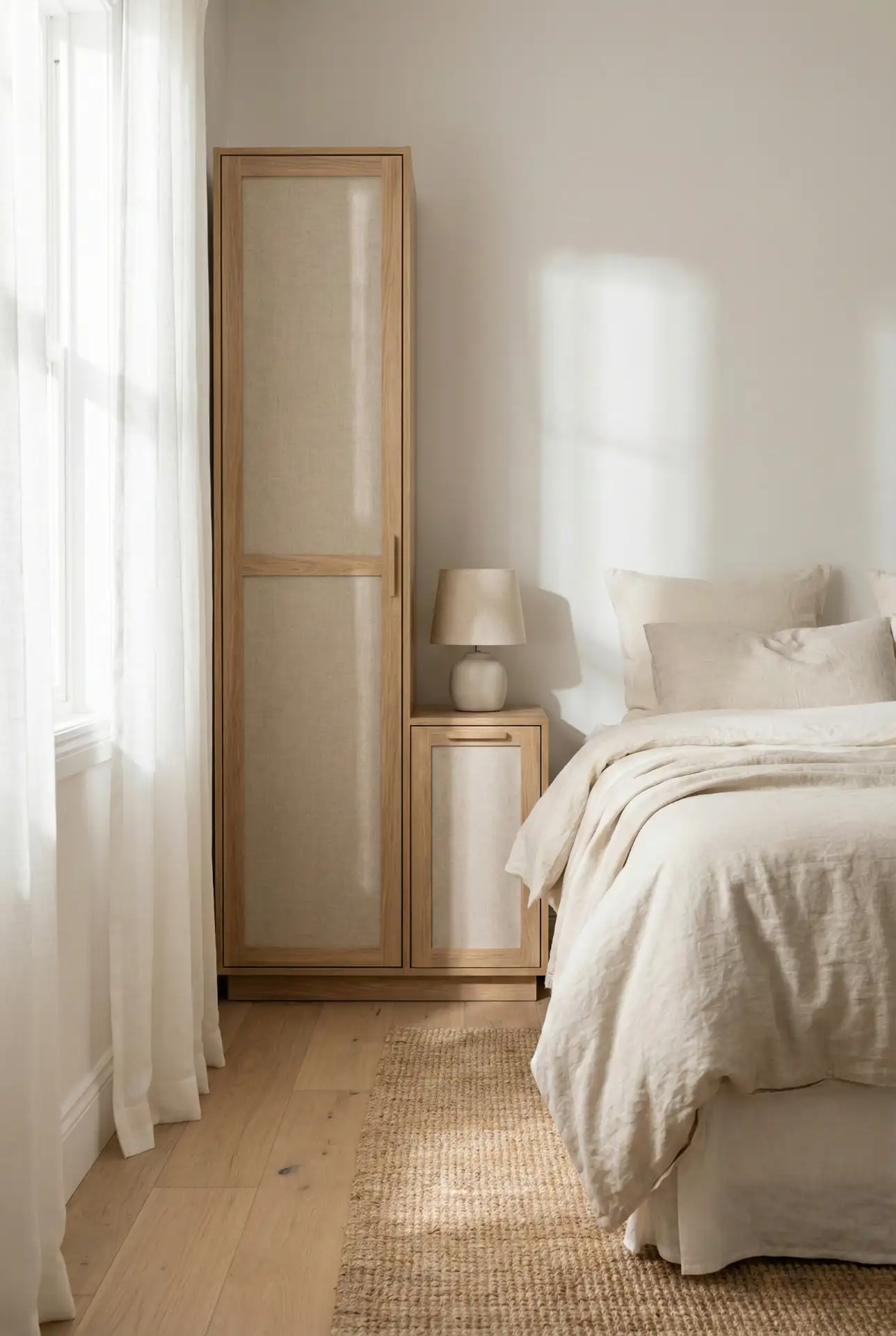 Cottage Bedside Tower With Fabric Doors For Clothes Overflow 1