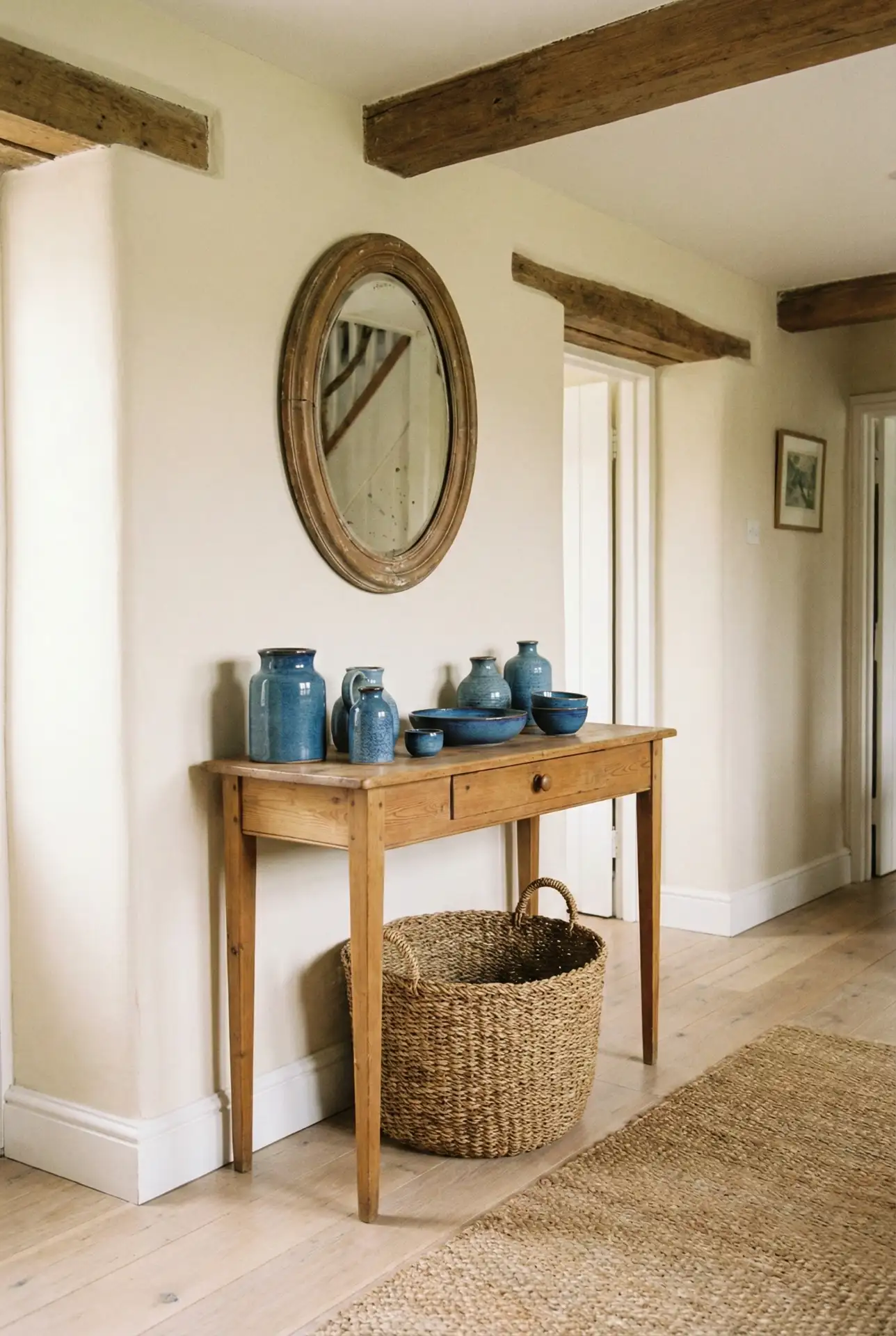 Cottage Console With Blue Stoneware Display 1