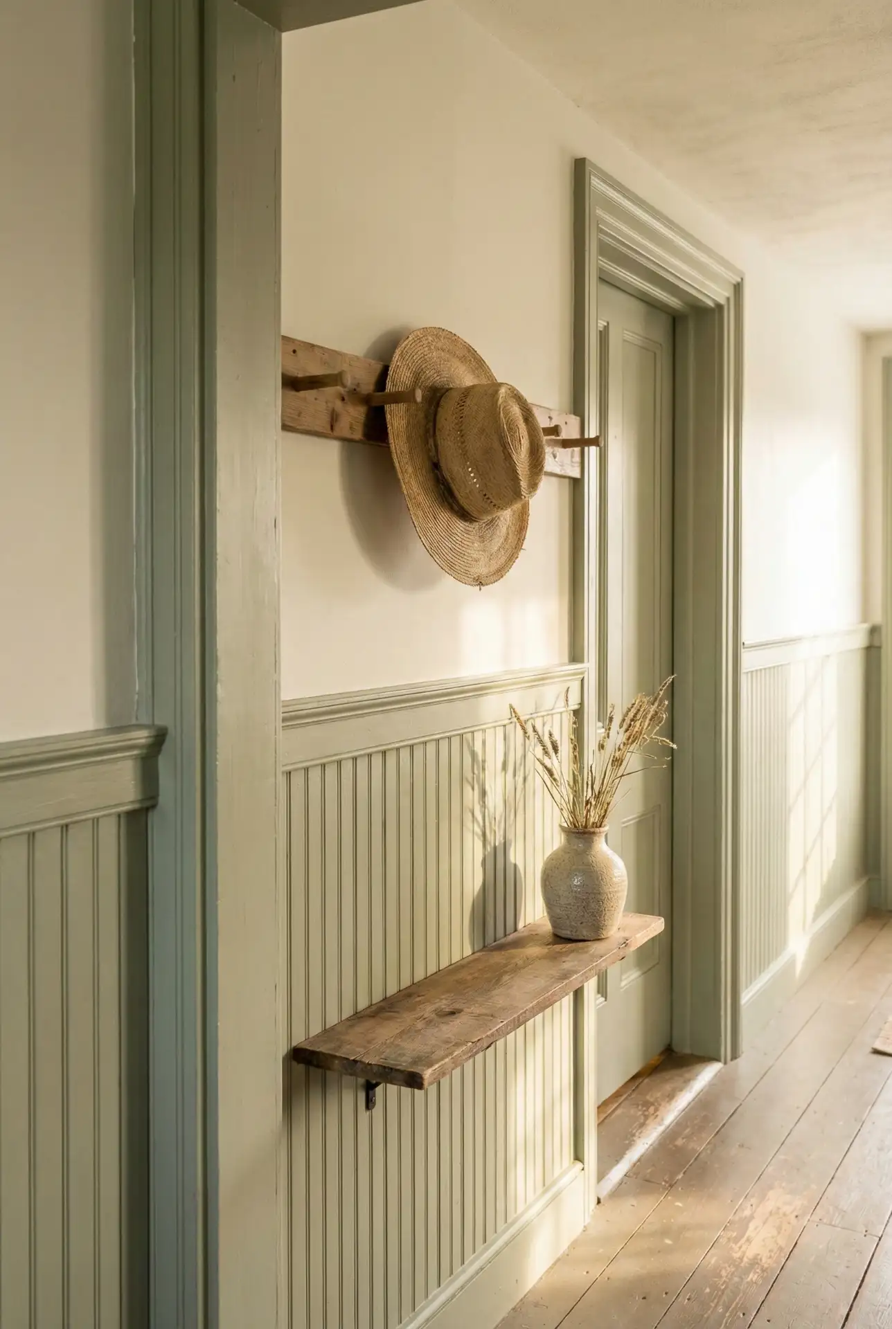 Cottage Wainscoting With Soft Green Trim 1