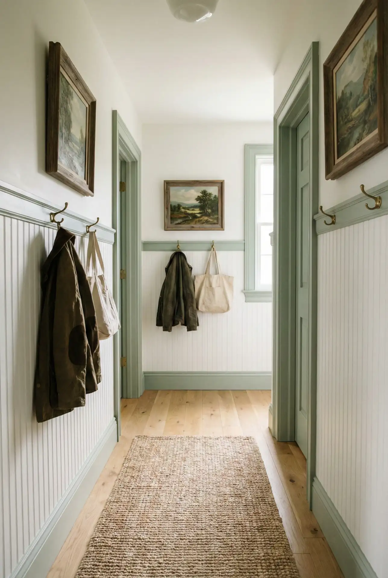 Cottage Wainscoting With Soft Green Trim 2