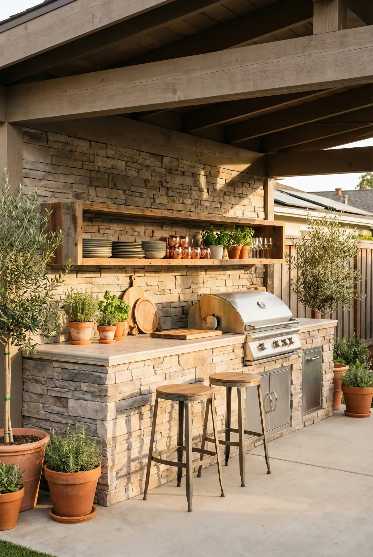 Covered Outdoor Kitchen With Stone Prep Wall 1