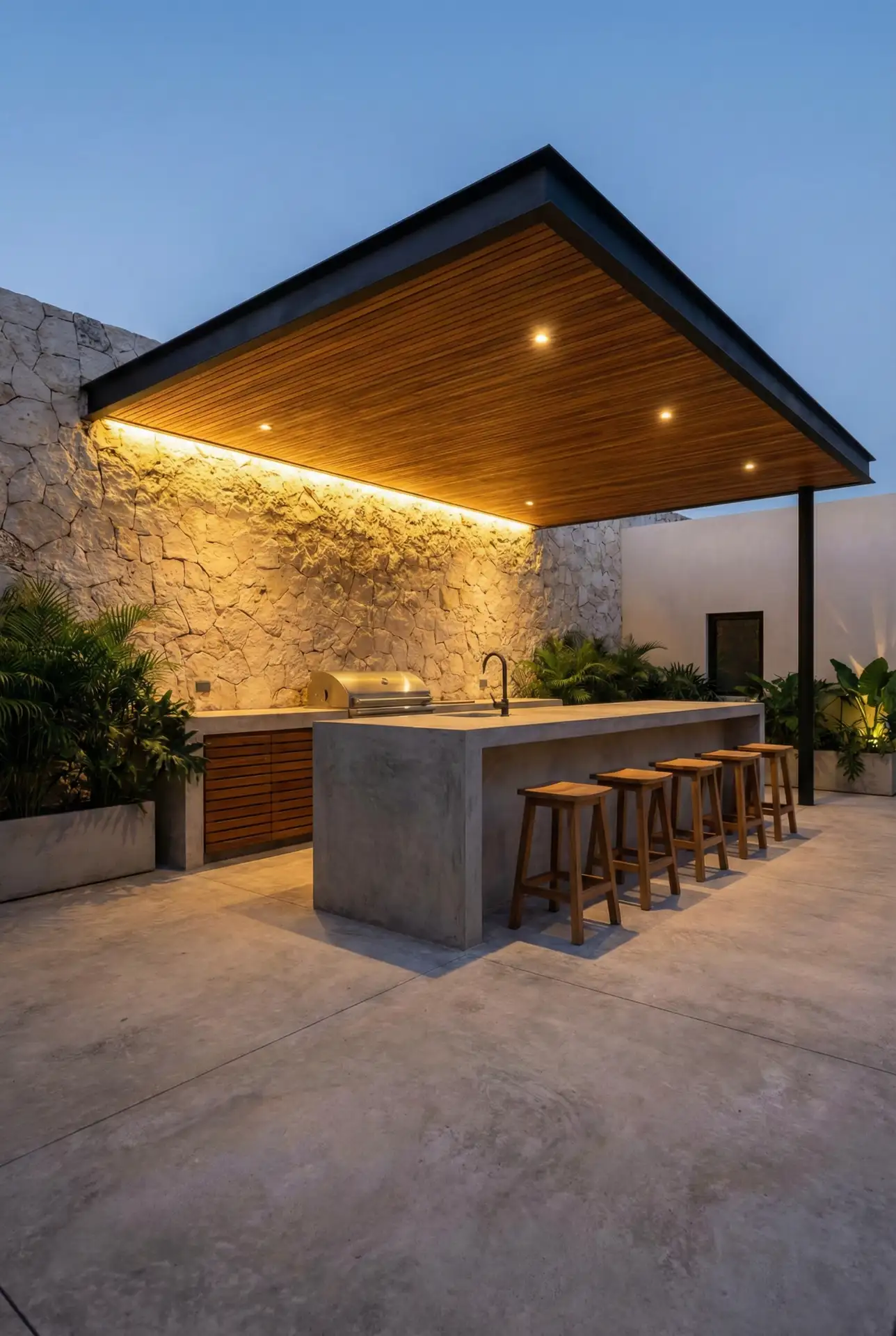 Covered Outdoor Kitchen With Stone Prep Wall 2