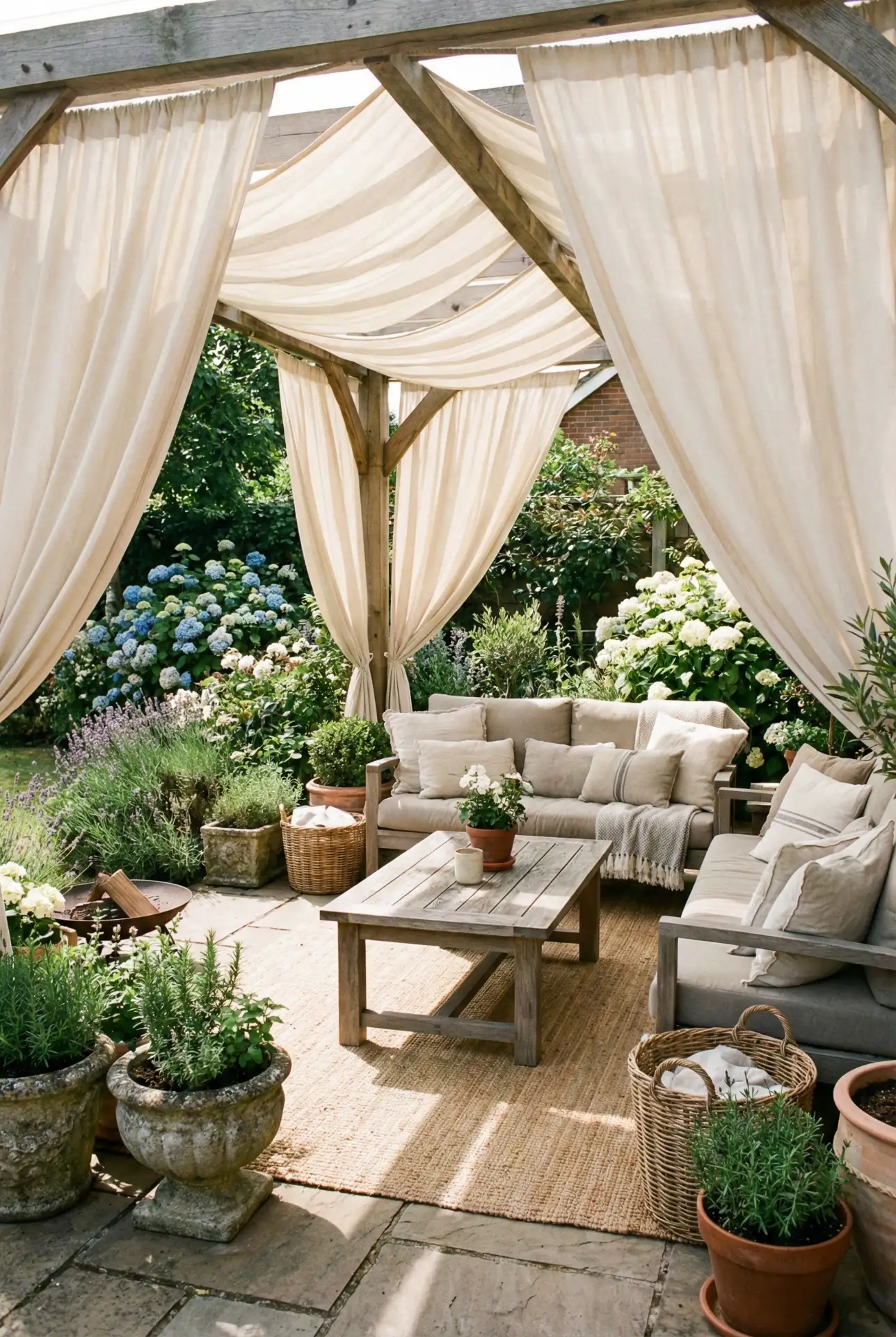 Covered Pergola Living Room With Garden Borders 1