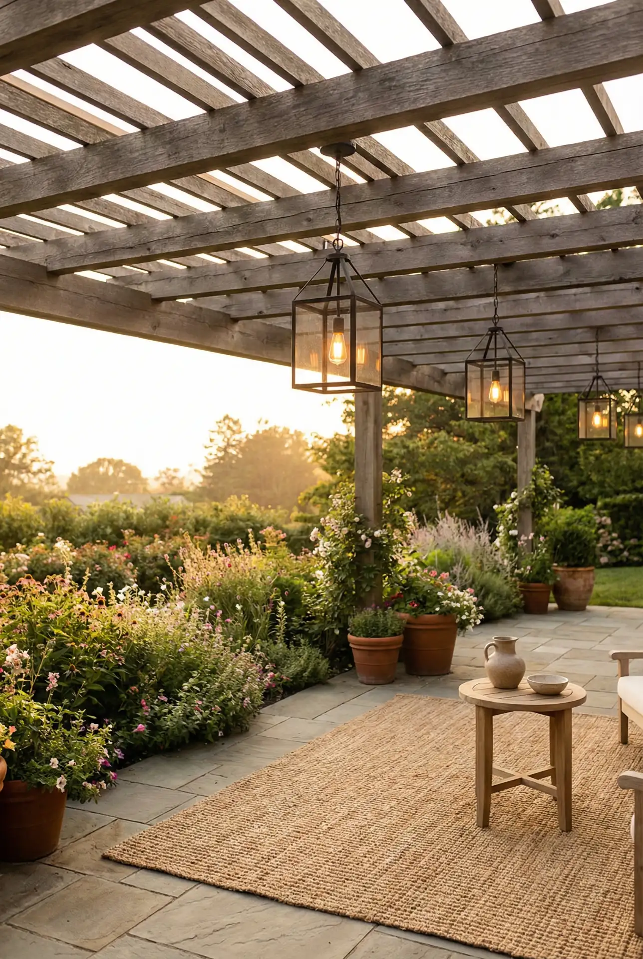 Covered Pergola Living Room With Garden Borders 2