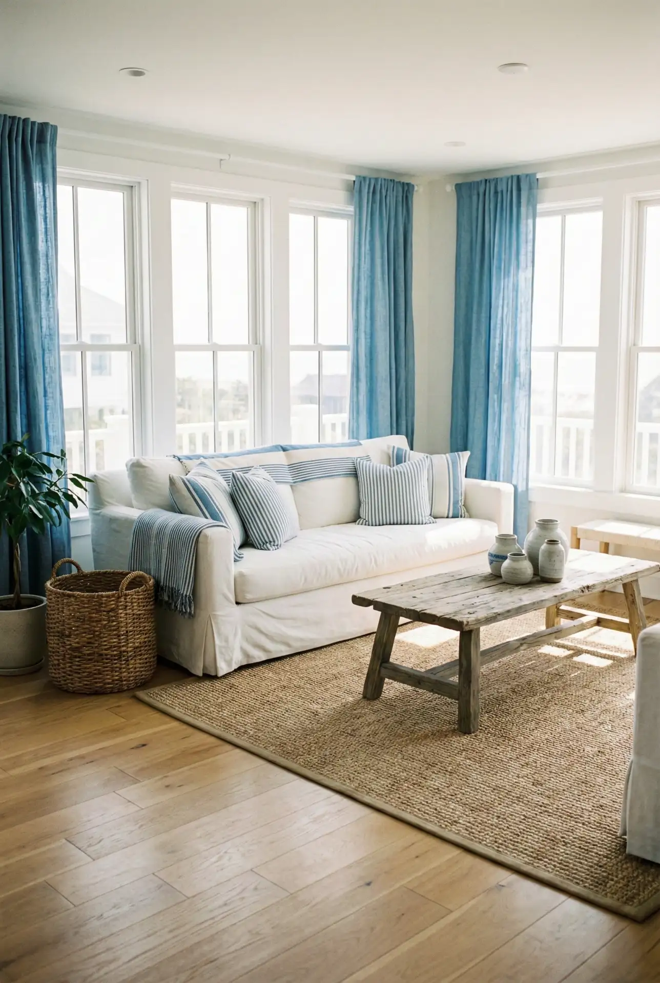 Cozy Coastal Stripes With Blue Curtains And Breezy Layers 1