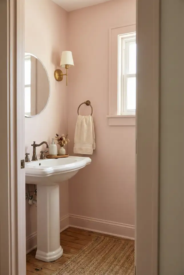 Cozy Pink Powder Room With Soft Lighting and Warm Details 2