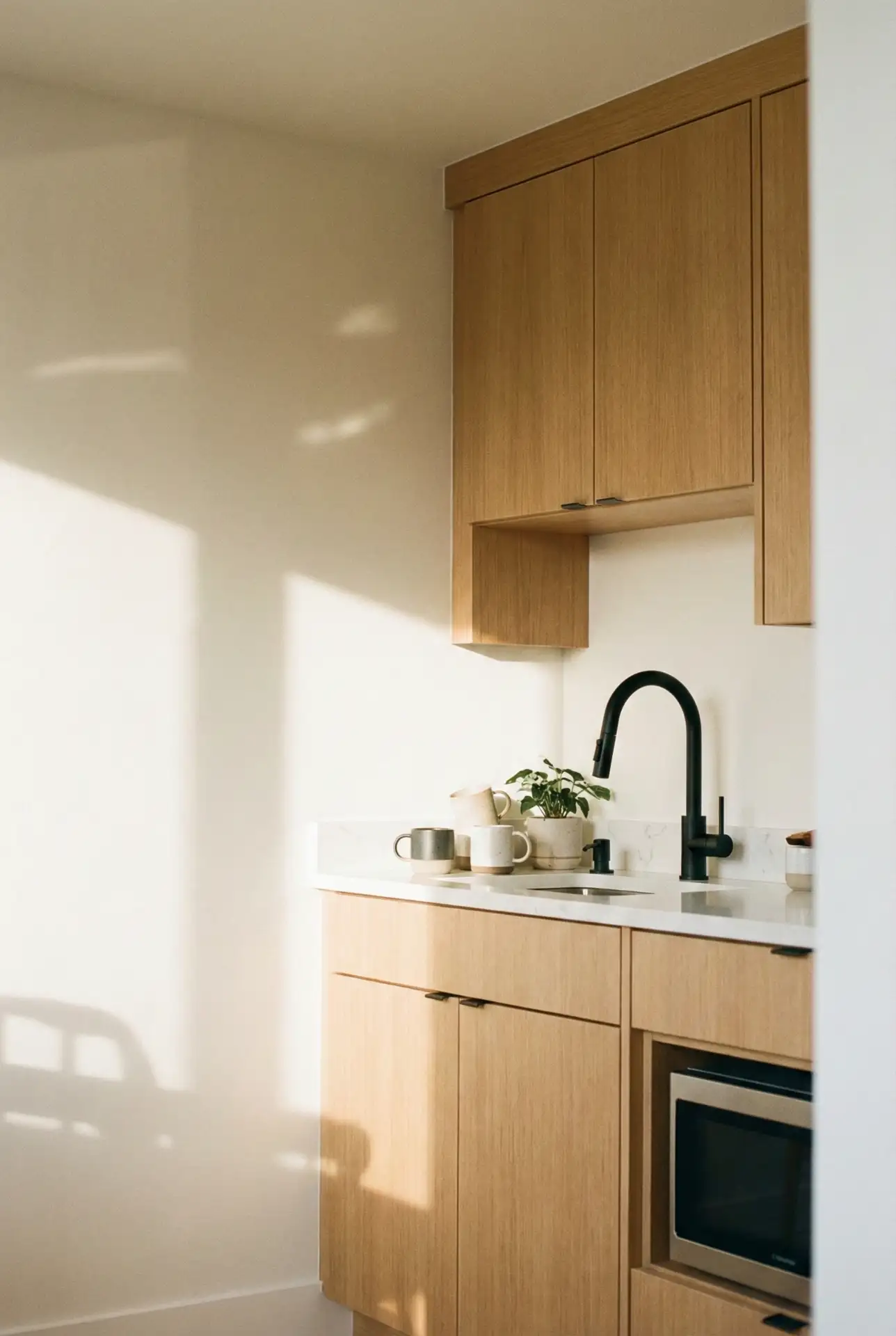 Crisp Warm White for Wood Cabinets in Small Kitchens 1