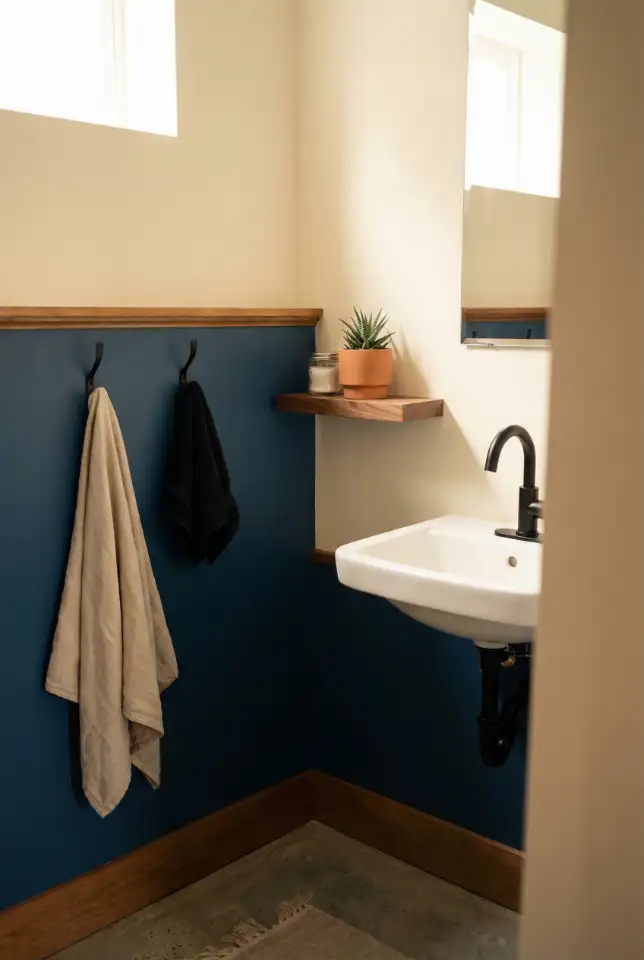 Cute Blue Basement Bathroom With Cheerful Color Blocking 1