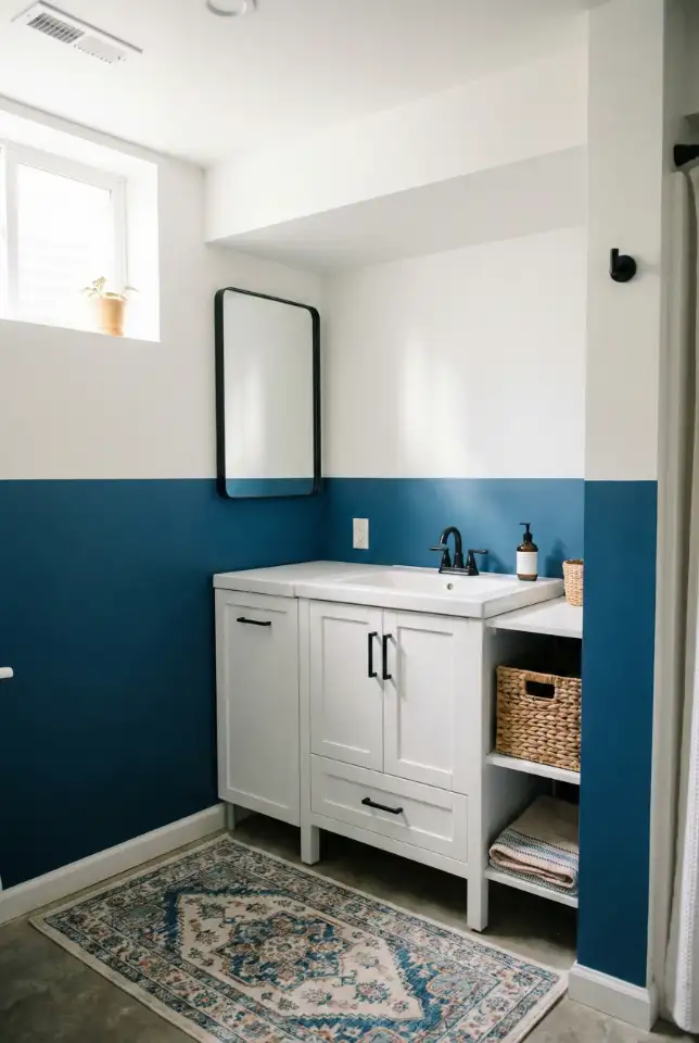 Cute Blue Basement Bathroom With Cheerful Color Blocking 2