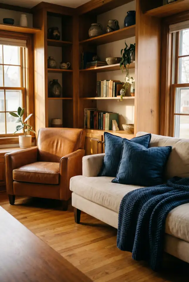 Dark Blue Farmhouse Lounge With Leather And Clean Lines 1