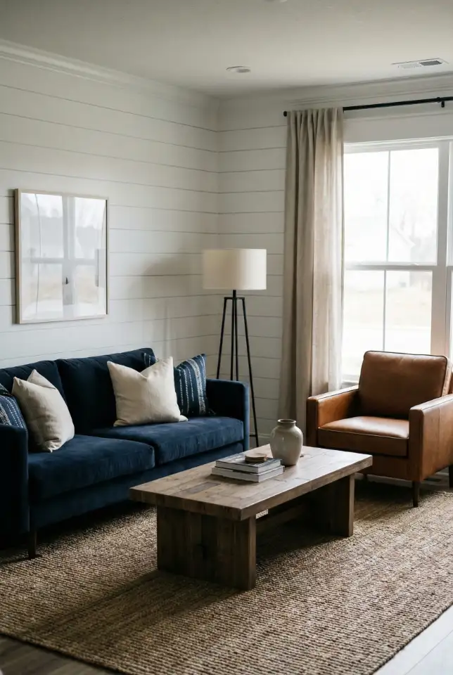 Dark Blue Farmhouse Lounge With Leather And Clean Lines 2
