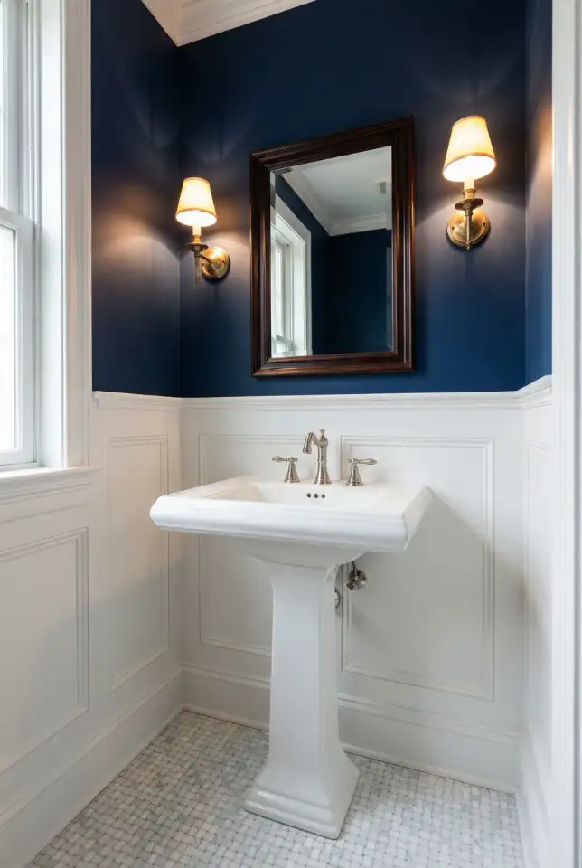 Dark Blue Powder Room With White Trim Contrast 1