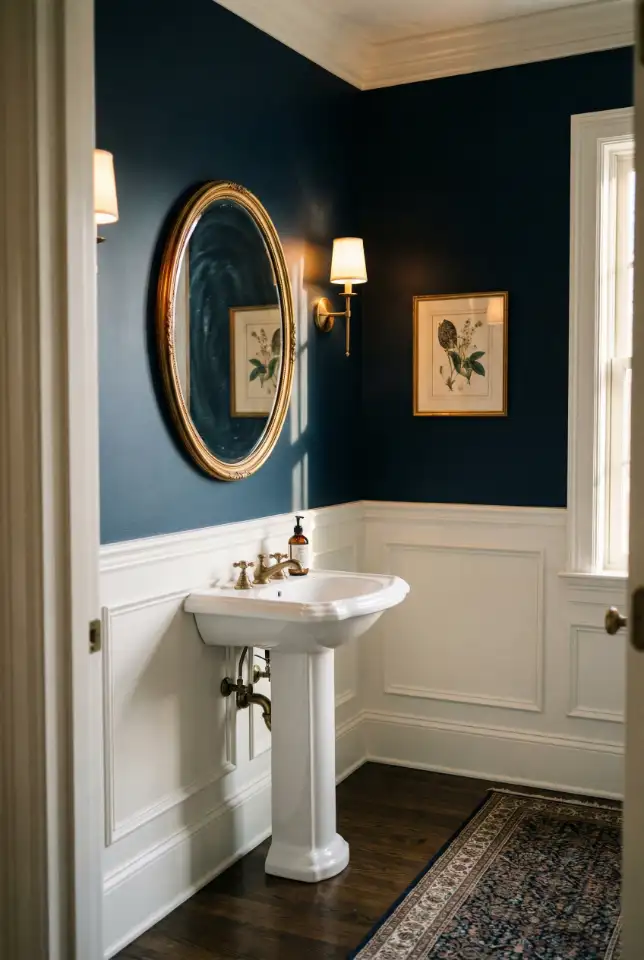 Dark Blue Powder Room With White Trim Contrast 2
