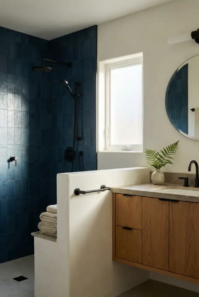 Dark Coastal Bathroom With Moody Blue Shower 1