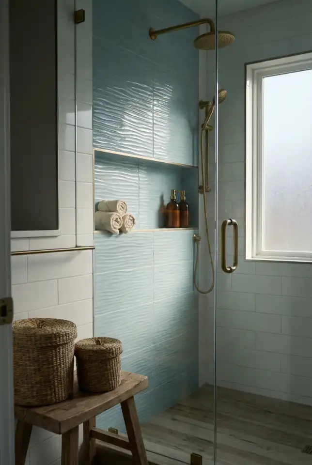 Dark Coastal Bathroom With Moody Blue Shower 2