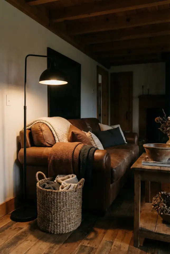 Dark Cozy Farmhouse With A Statement Brown Couch 1