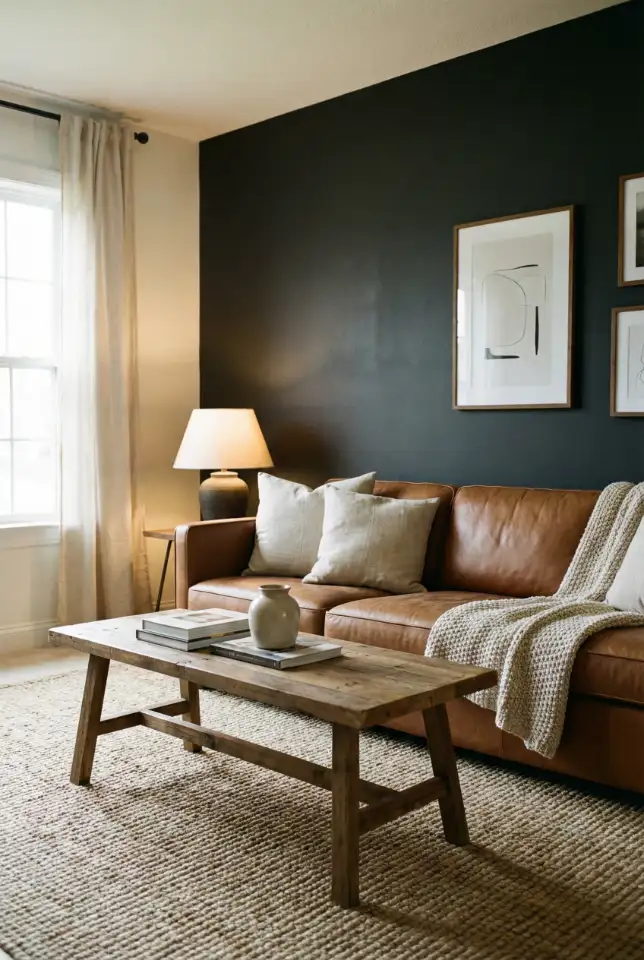 Dark Cozy Farmhouse With A Statement Brown Couch 2