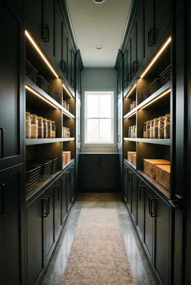 Dark Modern Pantry With Long Narrow Layout 2