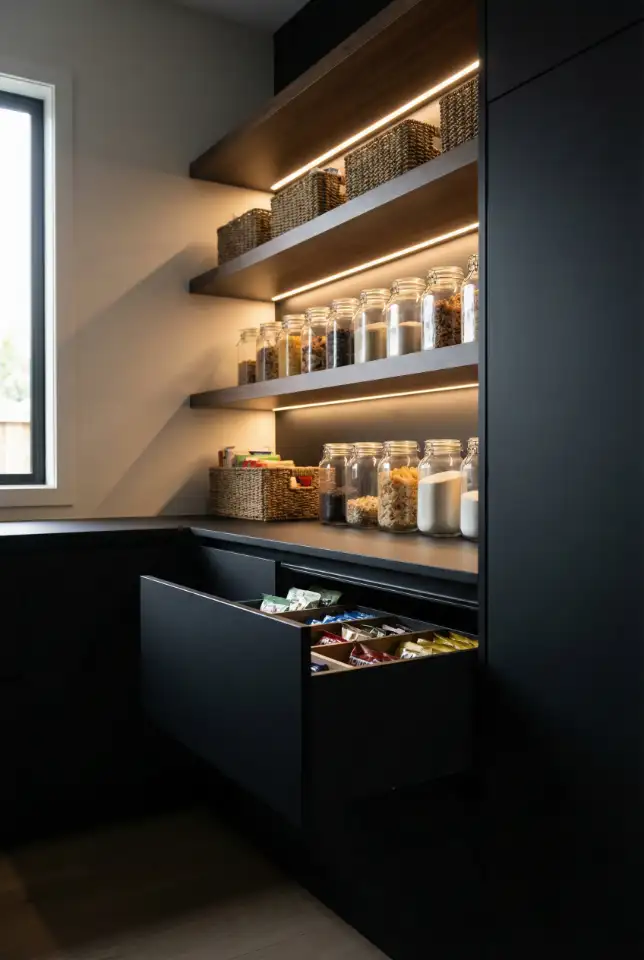 Dark Pantry With Hidden Snack Drawer System 1