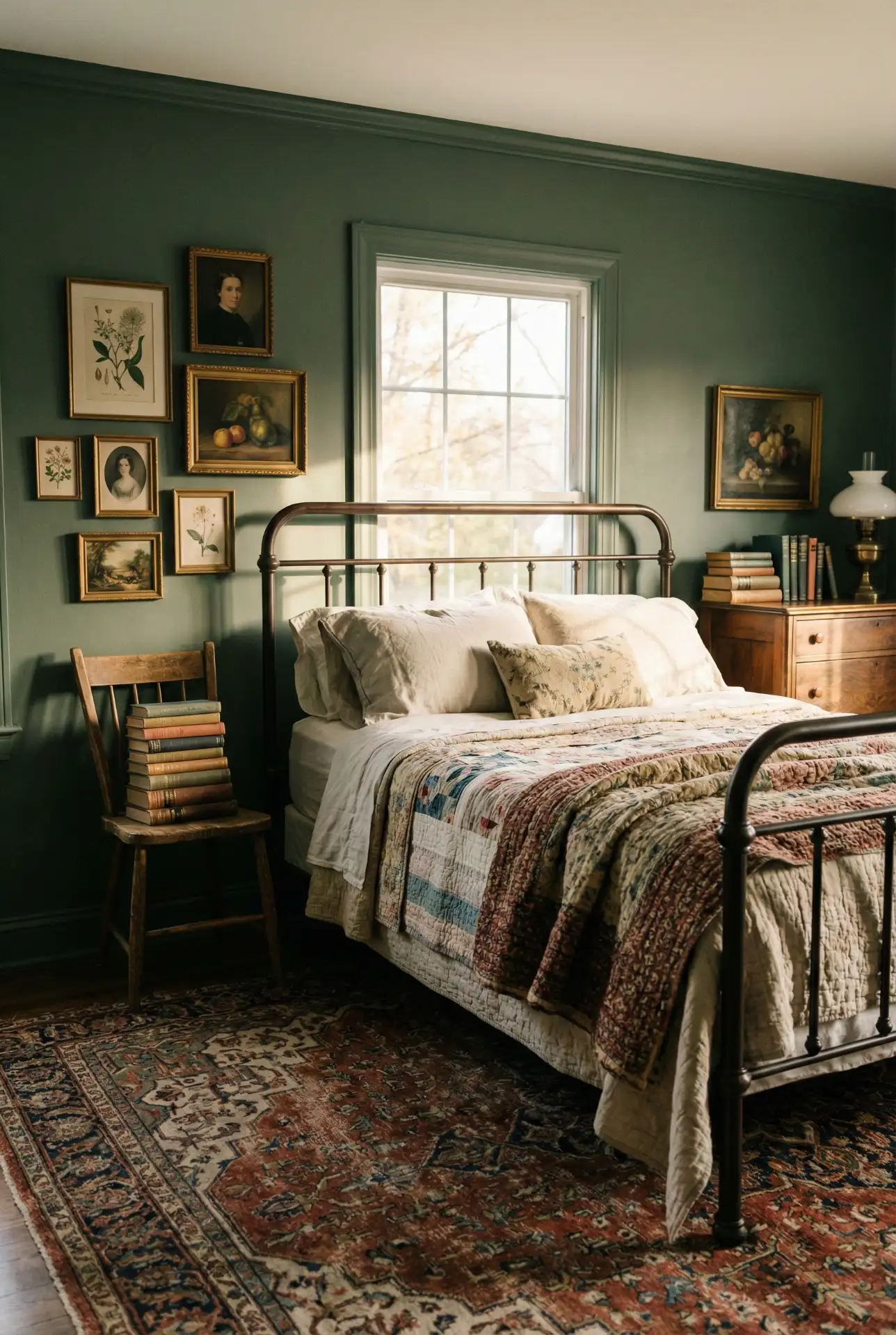 Dark Sage Vintage Bedroom With Collected Decor 1