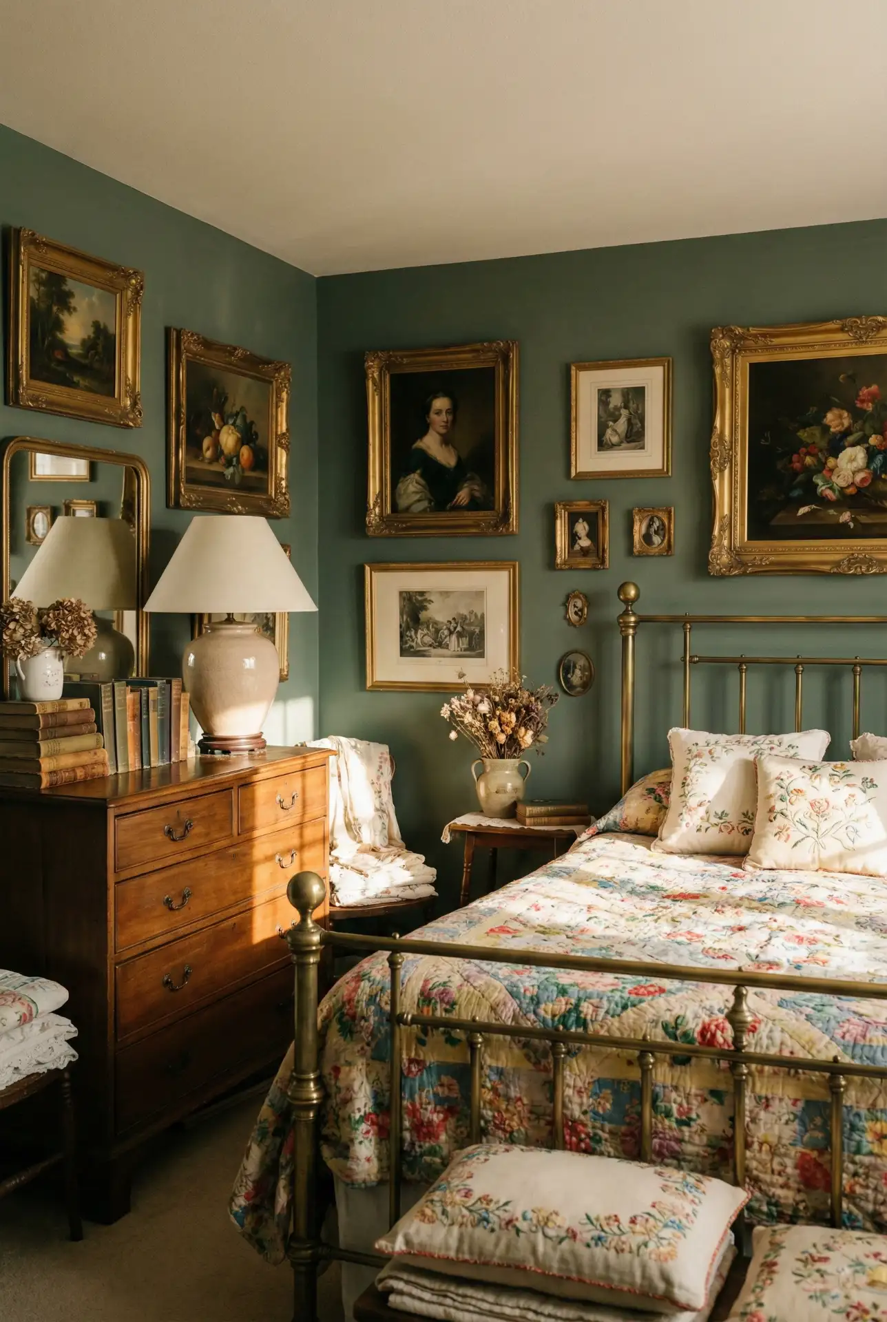 Dark Sage Vintage Bedroom With Collected Decor 2