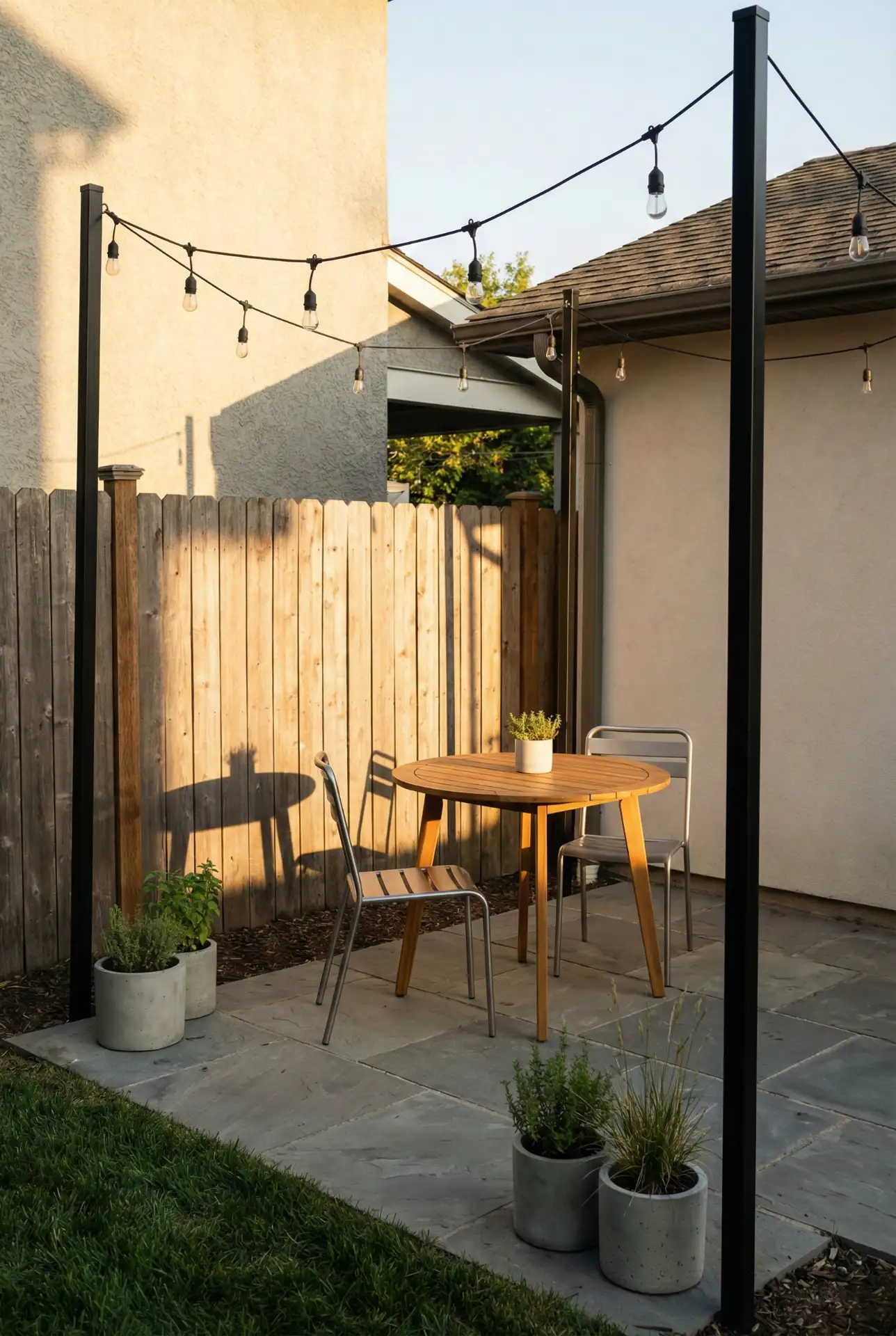 Dining Patio With String-Light Posts 1