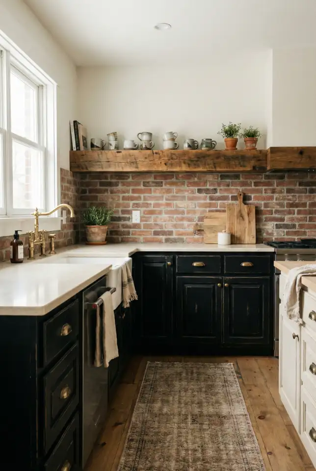 Distressed Black Cabinets With Brick-Style Backsplash 1