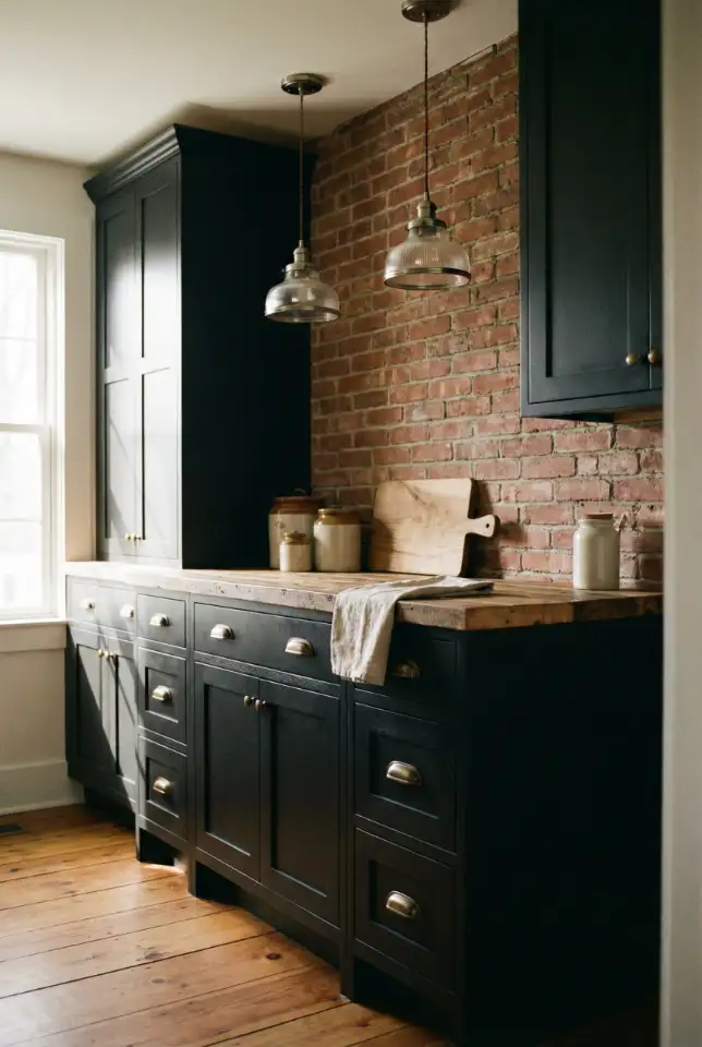 Distressed Black Cabinets With Brick-Style Backsplash 2