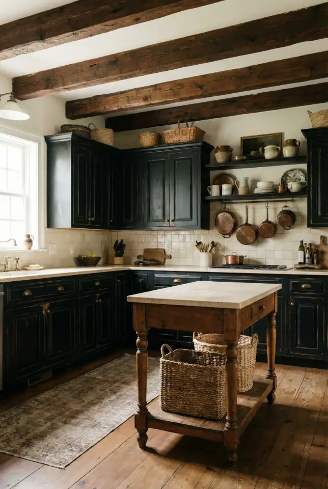 Distressed Black Cabinets With Stained Wood Details 1