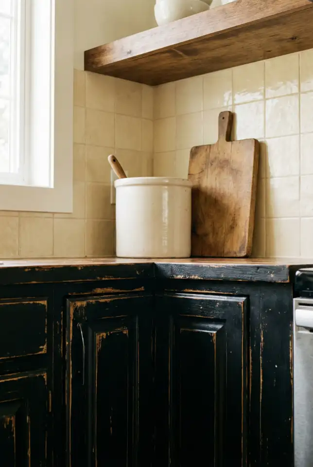 Distressed Black Cabinets With Stained Wood Details 2