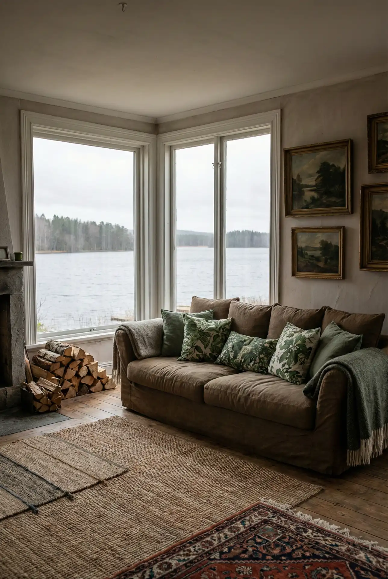 Earthy Lake Cottage With Green Layers And Vintage Comfort 1