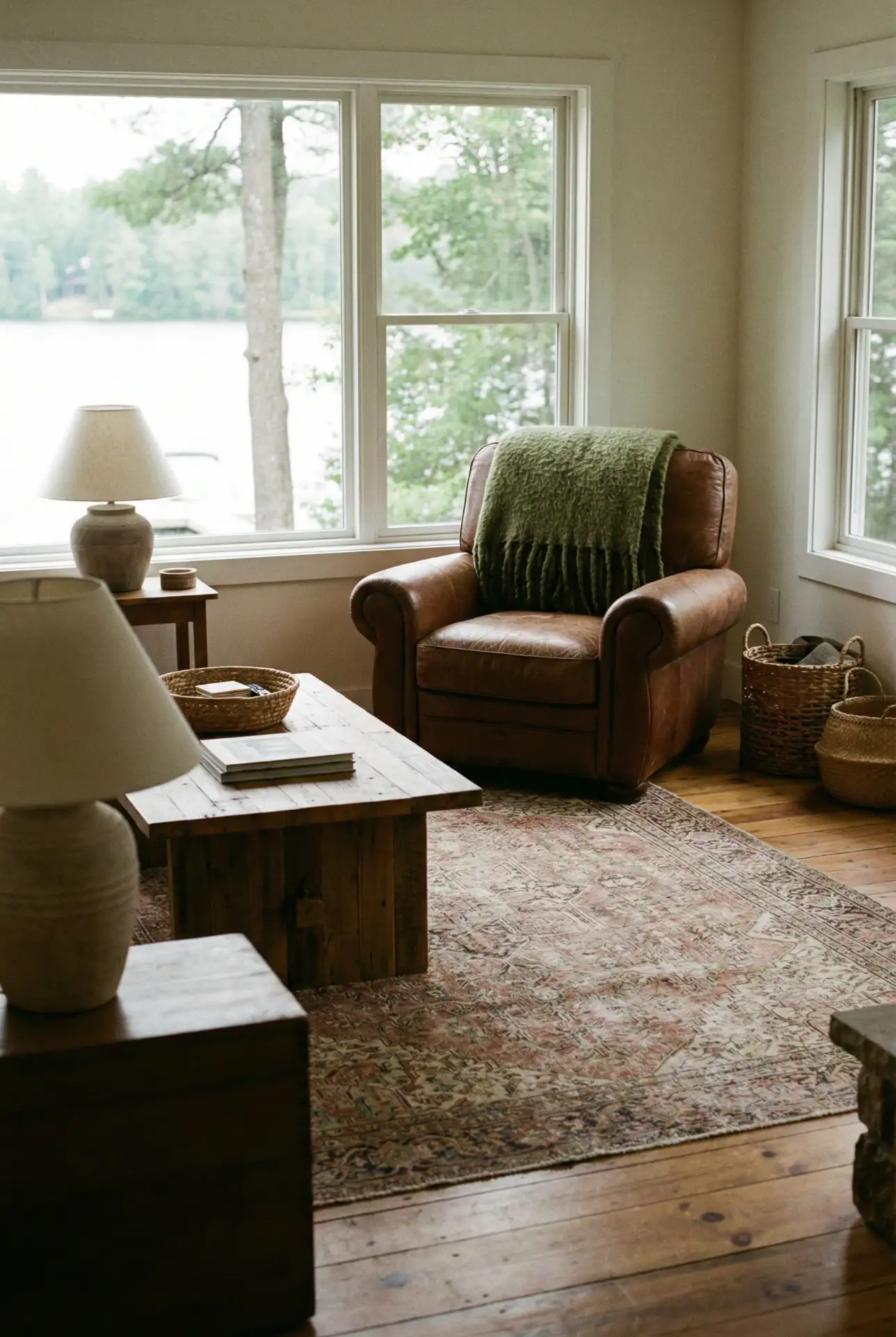 Earthy Lake Cottage With Green Layers And Vintage Comfort 2