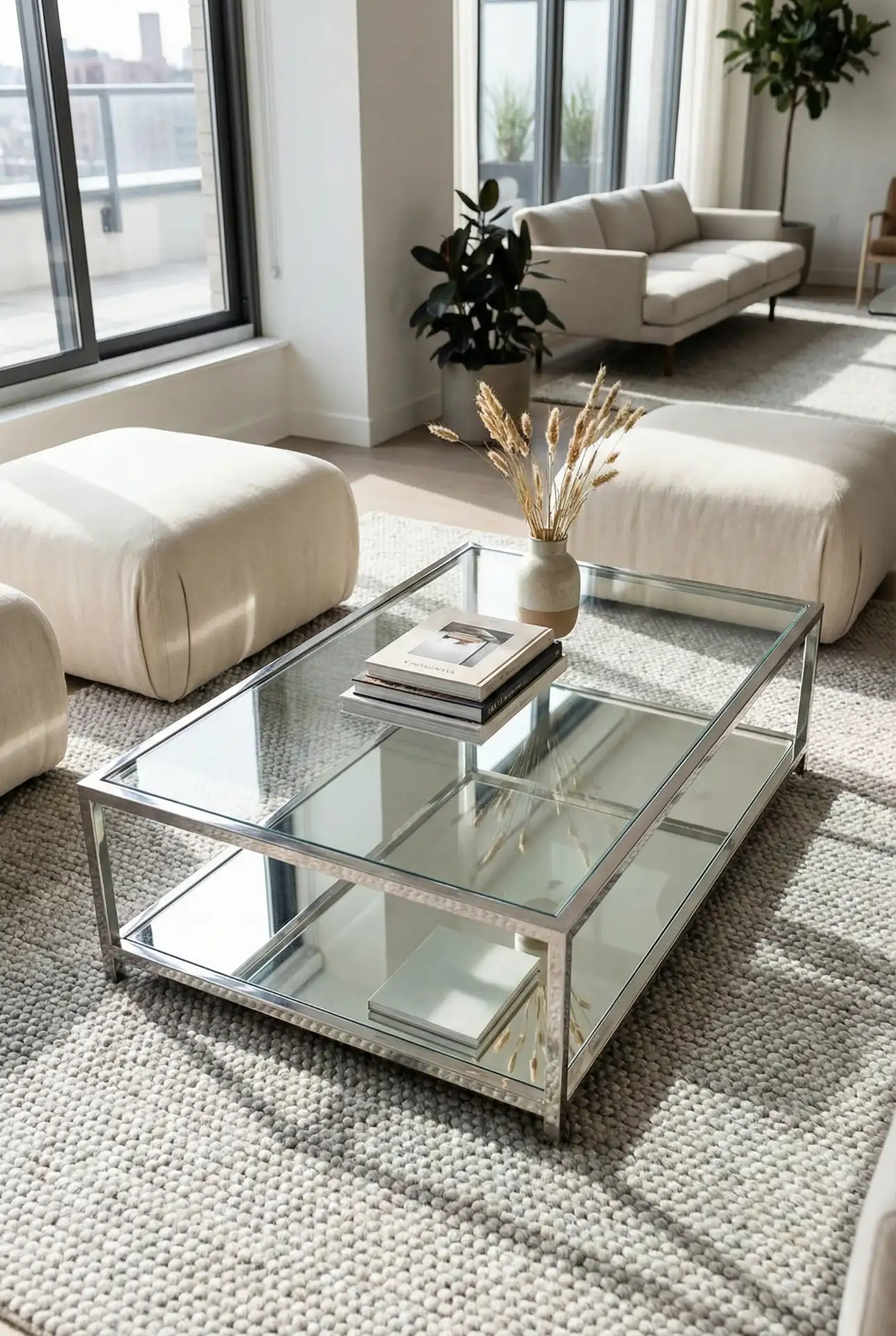Elegant Circle Glass Table Paired with Ottoman Seating 1
