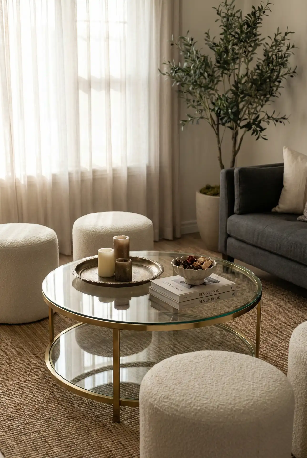 Elegant Circle Glass Table Paired with Ottoman Seating 2