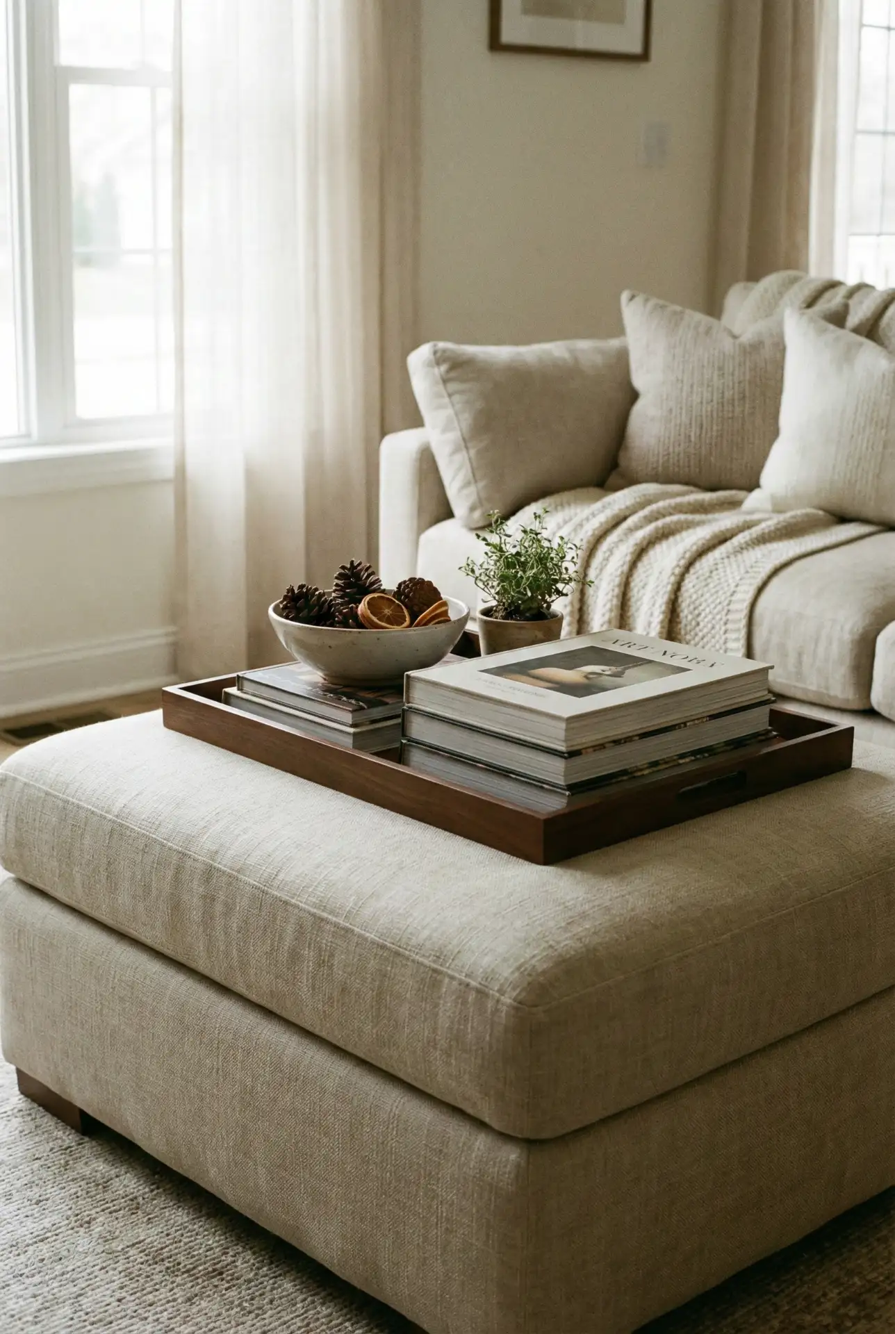 Elegant Ottoman Coffee Table with Large Layered Books 1